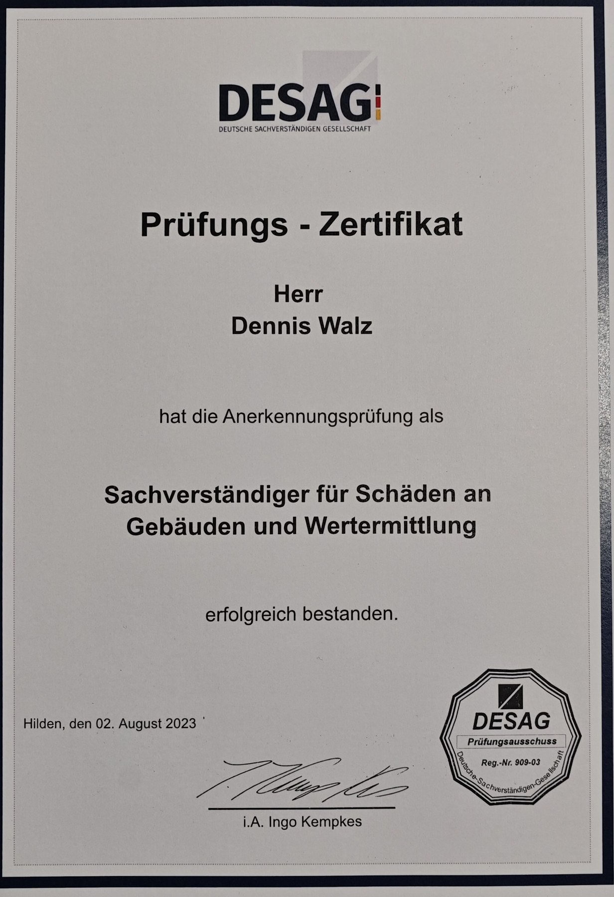 Vorschau: DESAG Prüfungszertifikat – Dennis Walz