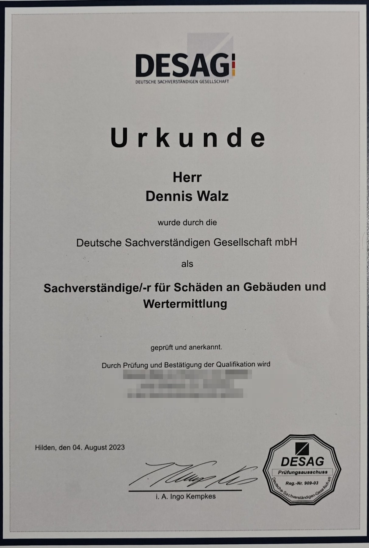 Vorschau: DESAG Urkunde – Mitgliedsnummer unkenntlich gemacht