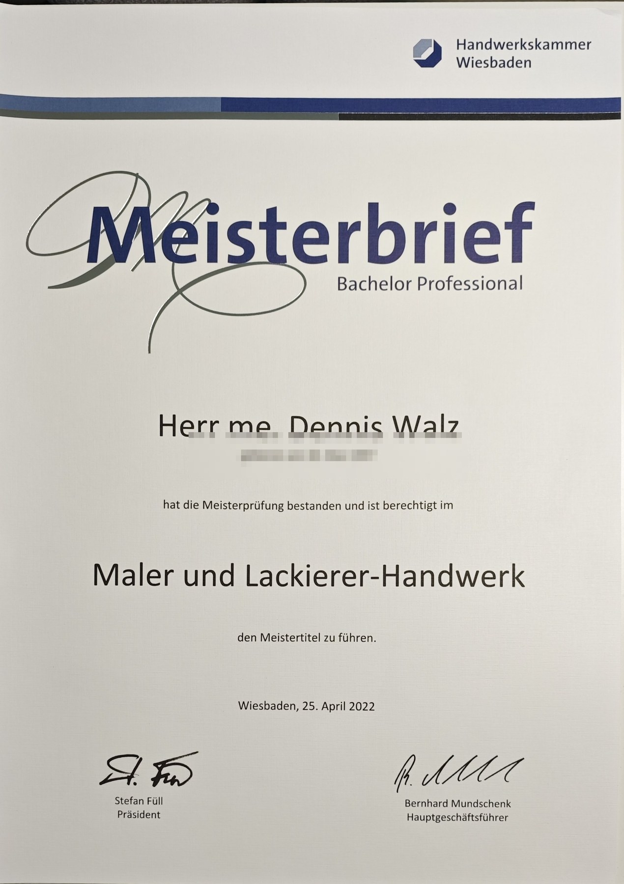 Vorschau: Meisterbrief im Maler- und Lackierer-Handwerk – Geburtsdatum unkenntlich gemacht