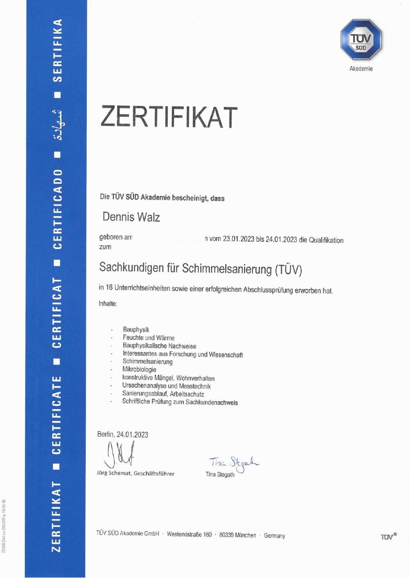Vorschau: Sachkunde für Schimmelsanierung – Dennis Walz